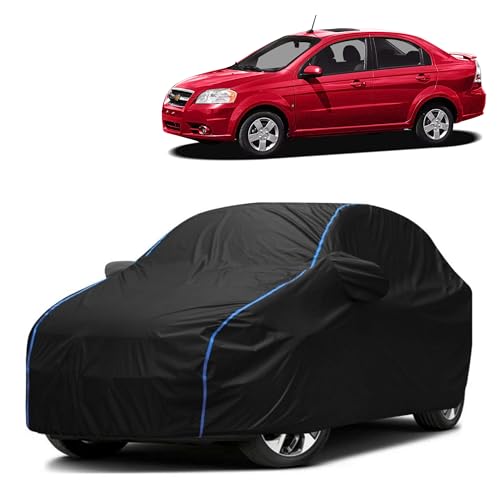 Image of Kerwa Car Body Cover Waterproof Compatible with Chevrolet Aveo | Scratch Proof, Anti-Dust, UV Protection with Windproof Buckle Strap and Mirror Pockets, Bottom Elastic Fitted-Black