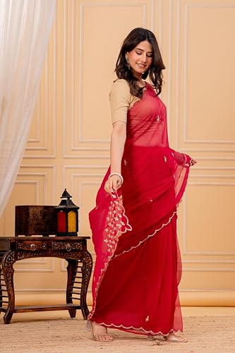 Image of Women's Red Embroidered Saree with Golden Blouse | Traditional Embroidery Work Saree for Women | Wedding Festive Saree and Wear Ethnic Outfit