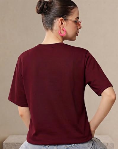 Image of Women's Typography Round Neck Cotton-Blend T-Shirts, Oversized Drop Shoulder Boho Style T-Shirt