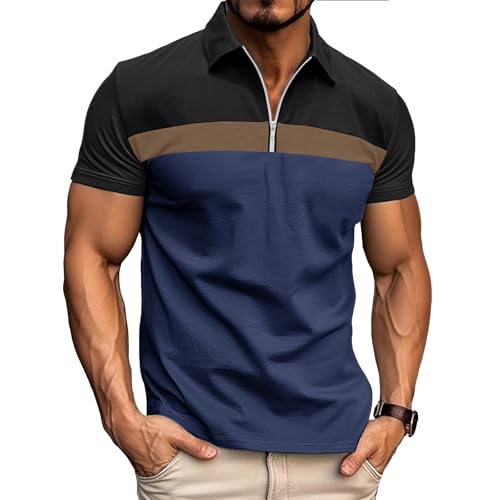 Ryehack Polo Homme Manches Courtes à Col Zippé, Raglan en Coton Tee Shirt pour Golf et Rugby, Noir+Bleu, XXL