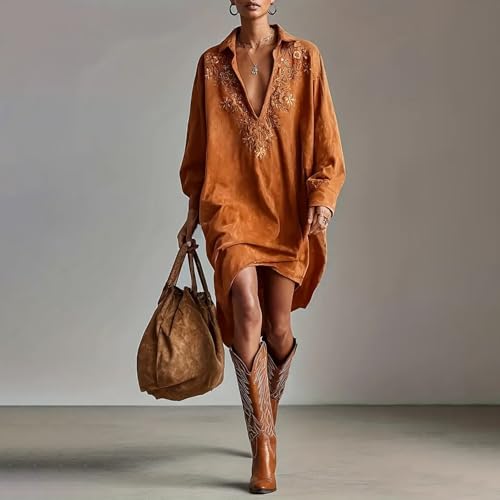 Image of Womens Faux Suede Western Vintage Midi Dress, Long Sleeve Lapel Deep V Neck Fall Winter Velvet Retro Style Dress