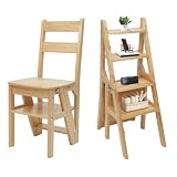 Sedia pieghevole a 4 gradini, scala per biblioteca e sedile (colore legno)