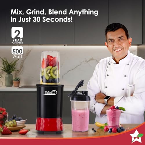 Bullett by Wonderchef, 500W Mixer Grinder Blender Smoothie Maker, 22000 RPM, 2 Jars, Stainless-Steel Blade, Sipper Jar & Lid, 2-Yr Warranty, Black & Red view 2