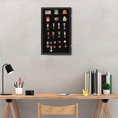 Image of VERANI Pin Display Case Badge Display Frame Oversized Black for Beach Tags | Flexible layout arrangement,Premium real clear glass door,Wood matte black frame,Wall mountable design