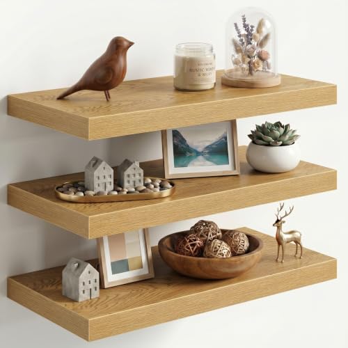 Image of Fun Memories 24 Inch Floating Shelves for Wall, 12 inch Deep Extra Thick Wood Shelves with Invisible Bracket, Large Wall Mounted Storage Shelf for Living Room Bedroom Kitchen, Oak, Set of 3
