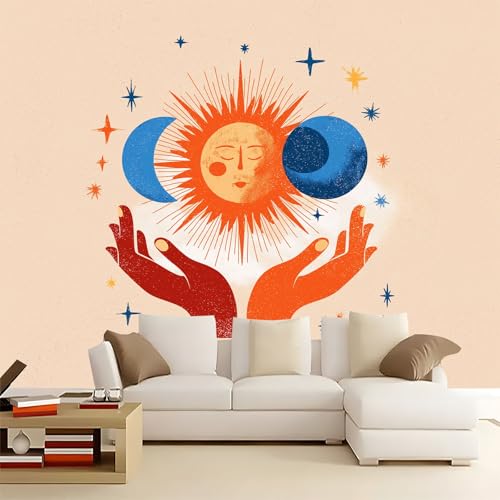 Caqui Papel pintado panorámico no tejido 300 x 210 cm Tamaño personalizado, póster mural gigante 3D, Bohemia Sol Luna para sala de estar dormitorio o restaurante