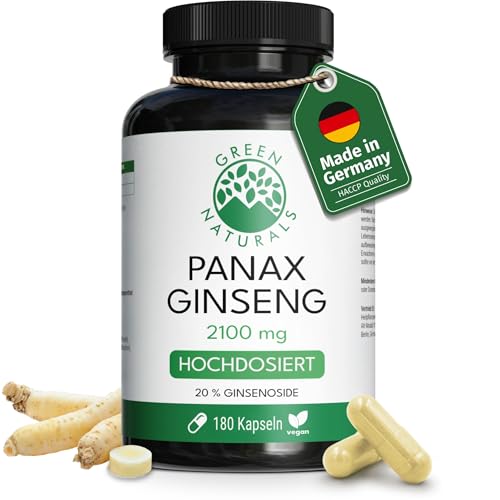 Green Naturals Panax Ginseng - Hochdosiert: 2100mg Koreanischer Panax Ginseng Extrakt mit 20% Ginsenoide pro Tagesdosis - Panax Ginseng C.A. Meyer - 2 Monate Vorrat - 180 Kapseln