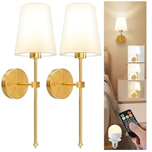 Battery Operated Wall Sconce Set of 2, Rechargeable Wall Lights with 5000mAh Dimmable Detachable Charging Bulbs and Remote, 3 Color Temperature Wireless Sconces for Bedroom Living Room Hallway