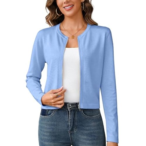 Totatuit Womens Long Sleeve Knitted Zip-Up Cardigan Sweaters Lightweight Crew Neck Cropped Shrug Fall Sweatshirts Jacket