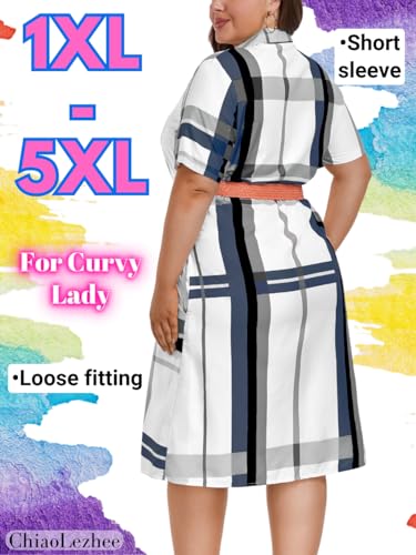 Image of ChiaoLezhee Plus Size Shirt Dress, Colorful Plaid Match Waistband, Fits 1XL-5XL
