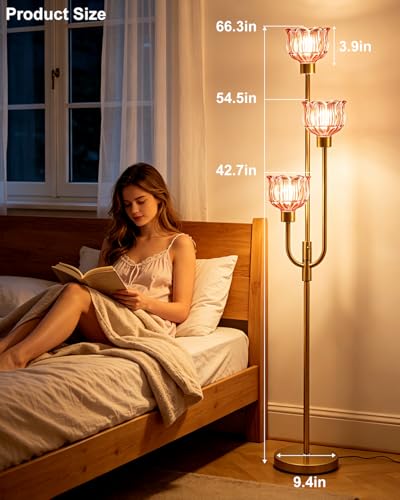 Image of Lightdot 3-Lights Modern Glass Floor Lamp 66IN Gold Dimmable Floor Lamps with 3000K Warm White Bulbs for Wedding Party Tall Standing Lamp with Deep Red Glass Shade for Living Room /Bedroom /Home Decor