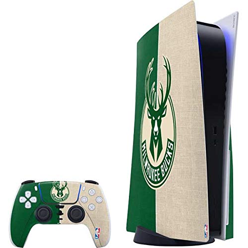 Skinit Decal Gaming Skin Compatible with PS5 Bundle - Officially Licensed NBA Milwaukee Bucks Split Canvas Design