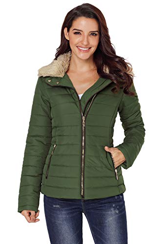 ITBCLOVE Chaqueta de plumón corta para mujer, cálida, plegable, ligera, con cremallera, con cuello de piel sintética, verde, XXL