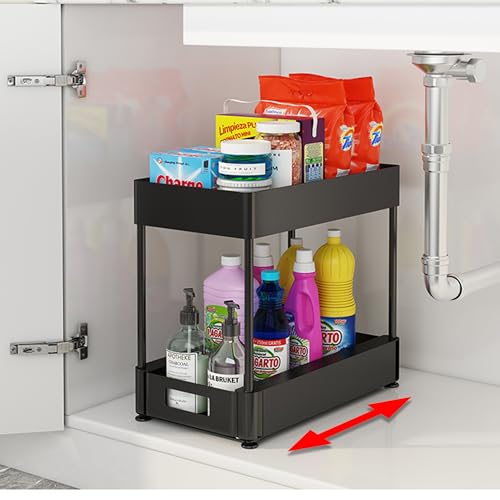 Indalindo - Organizador Bajo Fregadero para Almacenaje de Productos - Organizador Cocina para Armario Bajo de Limpieza - Sistema de Cajon Extraible con Rodamiento y Tope (Negro)