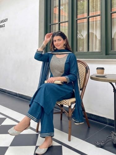 Image of GoSriKi Kurta Set Women Viscose Embroidered | Kurti Set Woman | Kurta Palazzo Dupatta 3 Piece Outfit | Round Neck 3 /4 Sleeve Straight Fit Ethnic Wear Ladies Dress Stylish Traditional Clothing