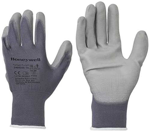 Honeywell 2400250-10 Perfect Poly Grey Polyamide Knitted Gloves for Fine Handling, PU Coating, Gauge 15, 25 cm Length, Size 10 (Pack of 10 Pairs)