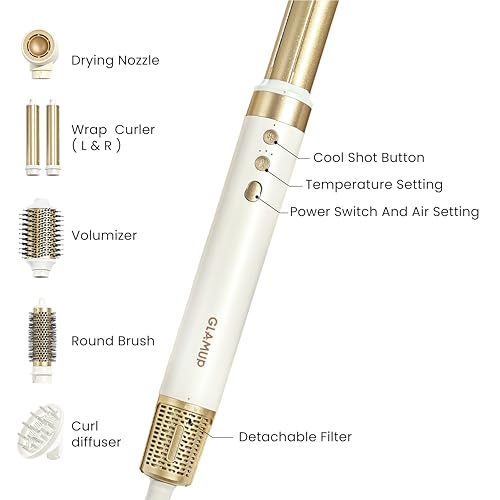 Image of GLAMUP Dual Voltage 6 in1 Extra Long Wrap AirCurler, No Heat Damage, 110k RPM High Speed Motor & Negative Ions, Fast Drying, Volumizer & Diffuser,All Hair Types,Travel Pouch, Hot Air Styler