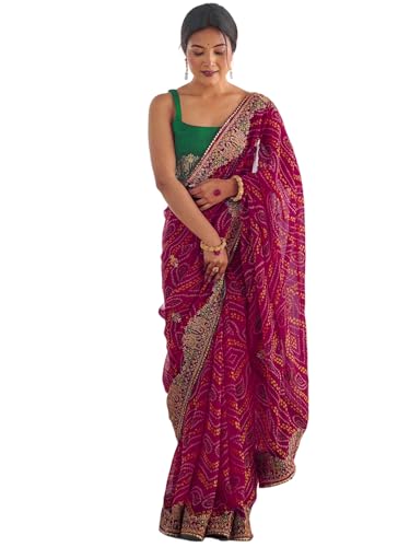 Image of Satrani Women's Georgette Bandhani Printed Embroidered gota lace Saree with Unstitched Blouse Piece
