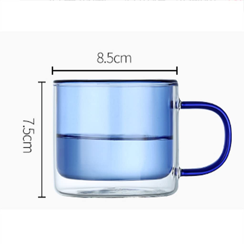 Doppelwandige Kaffeetassen aus Glas, wiederverwendbar, isoliert, mit Griff, farbige Trinkgläser, Weingläser, Glasgeschirr, Trinkgläser, Teetasse, 250 ml (blau)