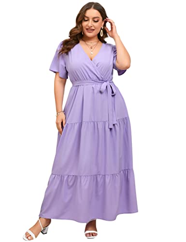 ShopWonder Womens Plus Size V Neck Wrap Maxi Dress High Waist Ruffle Summer Casual Dress with Belt