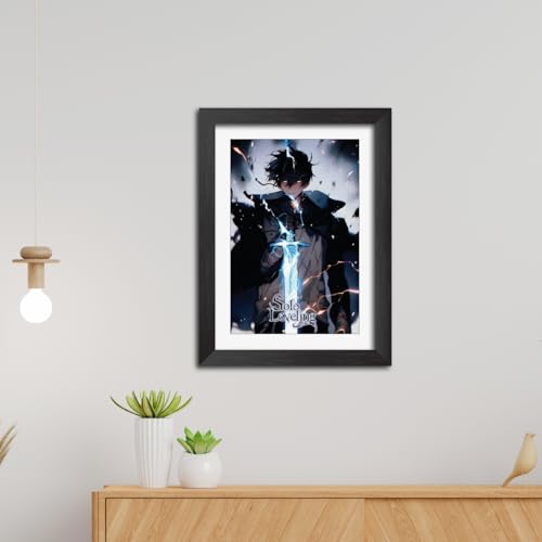 Image of TenorArts Sung Jinwoo Photo Frame Solo Leveling Anime Laminated Poster Framed Painting with Matt Finish Black Textures (12inches x 9inches)