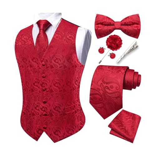 YOHOWA Formal Men Red Vest V-Neck Suit Vests Tie Bowtie Set Paisley Jacquard Waistcoat Clip Hanky Cufflinks Lapel Pin Wedding 8PCS