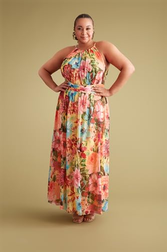 Image of London Times Women's London Times Mesh Halter Maxi Dress with Ruched Waistband Flowy Bohemian Beach Dresses