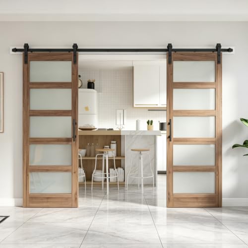 Image of FREDBECK 64 x 84 inch Frosted Glass Barn Doors with Hardware Kit Included | Brown sliding barn door