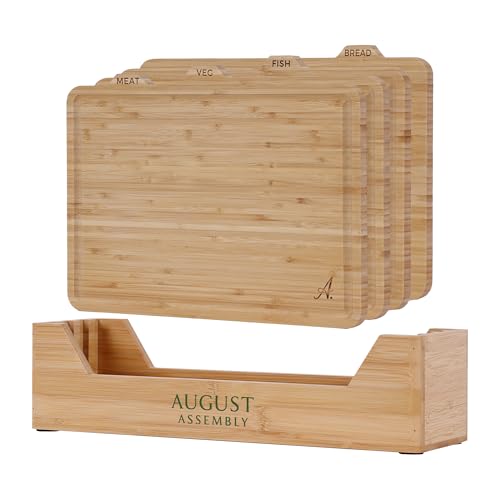 August Assembly Premium Bamboo Chopping Board Set – 4 Extra Large Cutting Boards with Juice Grooves, Stand & Thicker Boards | 36×26×1.5cm