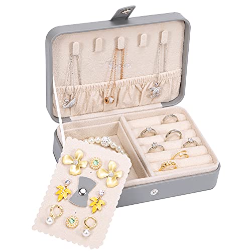 Voova Jewelry Organizer Box, Small Travel Jewelry Case for Women Teen Girls, Mini Leather Portable Jewellery Storage Boxes Display Holder with Smart Earrings Plate for Necklaces Rings Bracelets, Grey