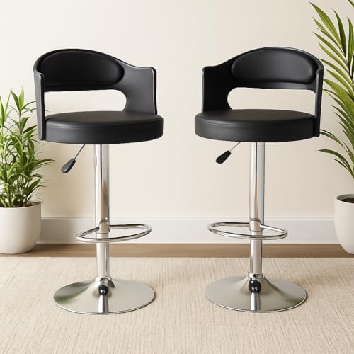 Image of Nityam Modern Style Bar Stool Chair for Kitchen Home Office Counter Shop, Adjustable Height with 360 Degree Rotate Swing, U Shape Back Rest, Comfort & Soft Seat, (Color-Black, Set of 2)