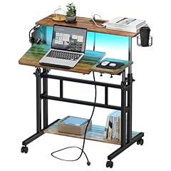 Dripex Scrivania regolabile in altezza con prese, scrivania con ruote, tavolo da lavoro a LED con piano inclinabile, 80 x 60 cm, per la casa e l'ufficio, colore marrone vintage