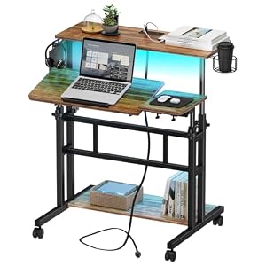 Dripex Stehpult Höhenverstellbar mit Steckdosen, Sitz-Steh Schreibtisch mit Rollen, LED Stehtisch mit neigbar Tischplatte, 80x60cm Laptoptisch Workstation für Zuhause und Büro, Vintage Braun
