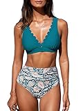 CUPSHE Damen Bikini Set V Ausschnitt High Waist Bauchweg Wellenkanten Paisley Print Zweiteiliger Badeanzug Swimsuit Blaugrünes Paisleymuster L
