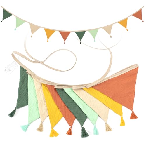 Guirnalda de Banderines para Habitación Infantil, Muselina de Algodón, Banderines Decorativos,Decoración para Cama de casa para niñas y niños (Tassel Green)