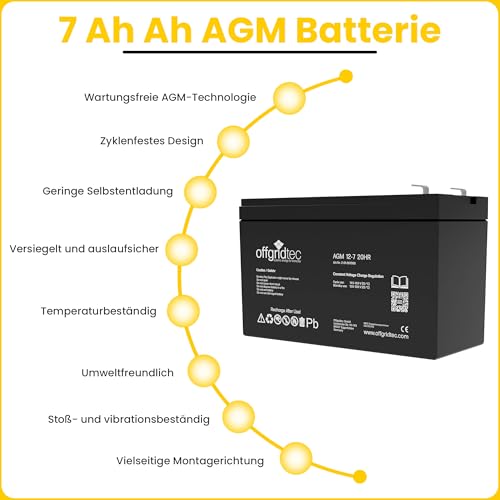 Offgridtec AGM 7Ah 20HR 12V Solarbatterie VRLA, Deep‑Cycle AGM Speicher für Solar‑ & Hybridanlagen, Niedrige Selbstentladung, Wartungsfrei, Auslaufsicher, Lange Lebensdauer, 2‑Jahres‑Garantie