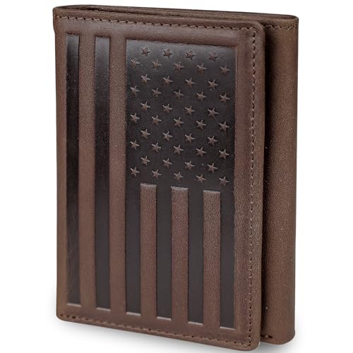 Image of DK86 US Flag Trifold Wallets for Men American Flag Wallet Full Grain Leather Tri-Fold Wallet RFID Blocking (vintage coffee with us flag)
