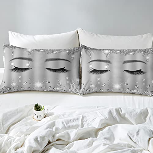 Eyelash Comforter Cover Full For Girls,Grey Giltter Sequins Bedding Set 3D Diamond Decor Luxurious Duvet Cover Silver Princess Style Bedspread Cover For Kids Teens Women Bedroom Decor,3 Piece #TOP4