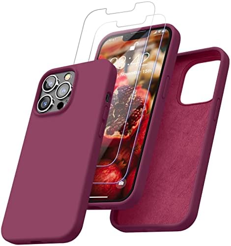ENSKKO [5 in 1] Designed for iPhone 13 Pro Silicone Case, and 2 Pack Screen Protector + 1 Phone Stand + 1 Wiping Cloth, Liquid Silicon 13Pro Shockproof Slim 6.1" Cover with Microfiber, Midnight Green