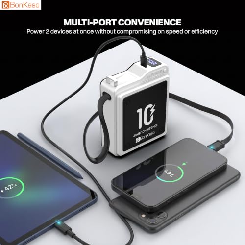 Image of Bonkaso 10000mAh 22.5W PD Power Bank with Inbuilt Type-C Cable, Digital Display, Metallic Silver Compact Portable Charger with Type-C Input & Output for Mobiles Tablets Earbuds