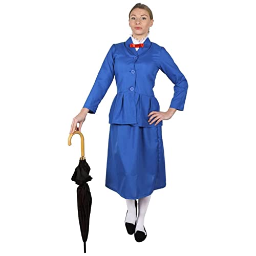 Disfraz de niñera victoriana mágica para mujer, talla M, chaqueta azul con camisa y pajarita y falda azul larga, disfraz para adultos del día mundial del libro