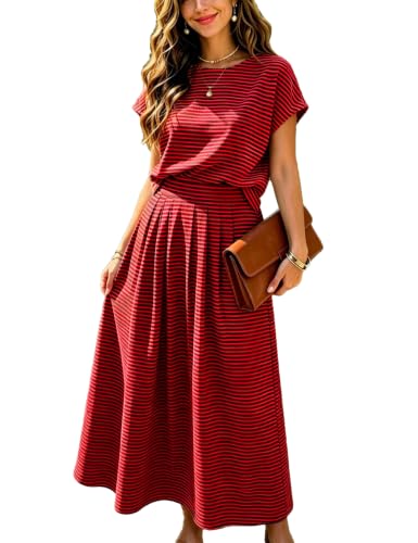 Image of Zontroldy Women's Summer 2 Piece Outfits Striped Skirt Shirt Sets Pockets