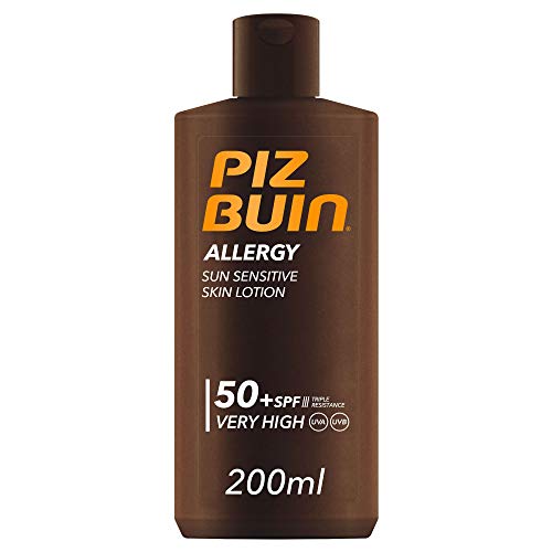 PIZ BUIN Allergy Latte Solare SPF 50+, Crema solare 50+ per pelli delicate e sensibili al sole, Protezione solare 50+ con filtro solare UVA/UVB, Latte solare SPF 50+ resistente all'acqua, 200 ml