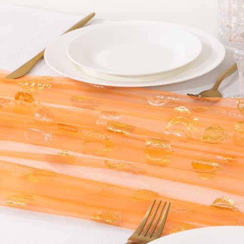 Image of Fall Pumpkin Table Runner Orange Sheer Gauze Foil Table Runner, 6PC