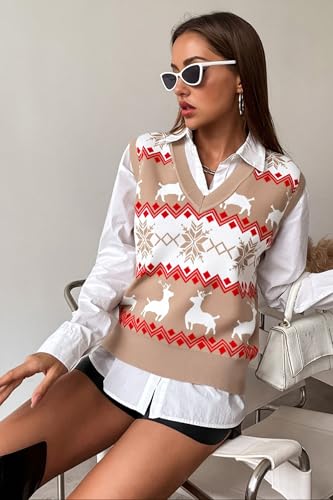 Image of JULYCLO Christmas Sweater Vest Women Ugly Xmas Reindeer Knit Sweaters Casual Santa Snowflake V Neck Sleeveless Outwear Tops