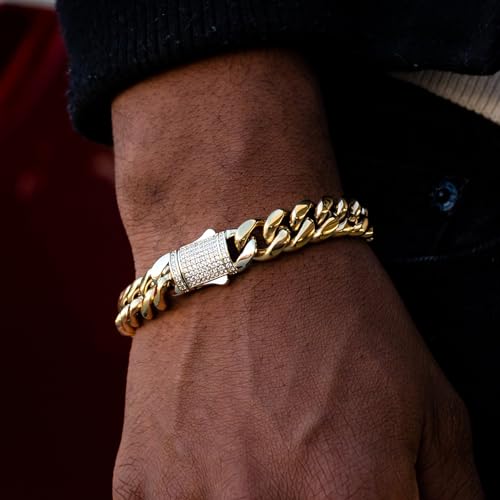 CG&KYGG 12mm Miami Cuban Link Bracelet 14K Real Gold Plated Stainless Steel Solid Bracelet for Mens Womens (Double-sided Iced Out Clasp)3