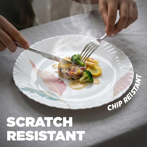 Image of Treo by Milton Opalware Aurelia Palma Dinner Set of 13 | Serving for 4 | Microwave & Dishwasher Safe | Bone-Ash Free | Tempered Toughness | Plates & Bowls | Crockery Set for Dining & Gifting