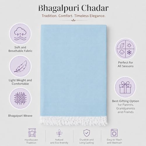 Image of Bhagalpuri Soft Dull Cotton Single Chadar | Single Thread Lightweight Odhne Wali Chadar | Top Sheet for Sleeping Summer (Blue)