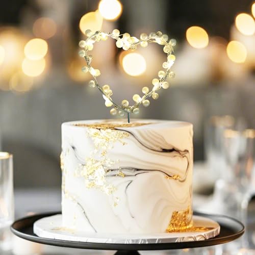 Tortendeko Hochzeit, Kuchen Topper Liebes Herz Perlen Cake Topper mit LED-Licht, Herz Cake Topper Geburtstag Personalisiert, Kuchen Deko für Geburtstag, Hochzeit, Jahrestag, Party