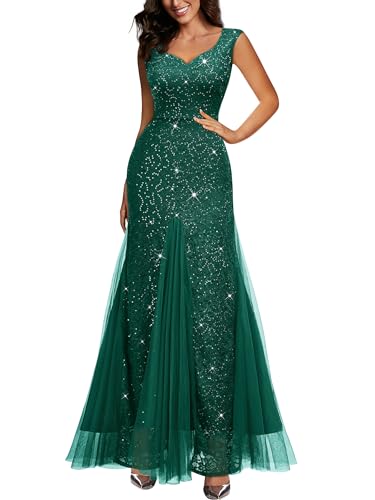 Image of Miusol Women's Elegant V Neck Sleeveless Sequin Lace Evening Party Dress